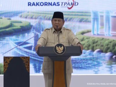 Presiden Republik Indonesia, Prabowo Subianto saat berpidato dalam Rakornas TPAKD 2026 di Jakarta, Kamis, 22 Oktober 2026. [Foto: YouTube Setpres]